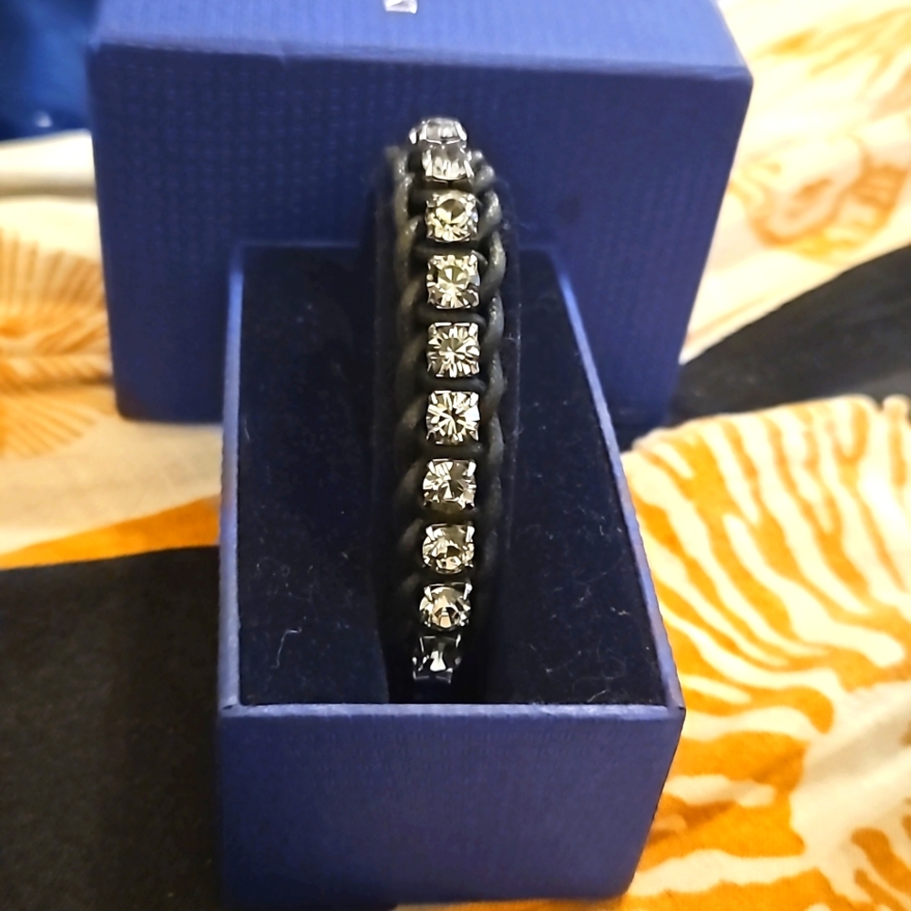 Swarovski black leather and Smokey grey crystal bracelet. Studio: Bracelet Bdia